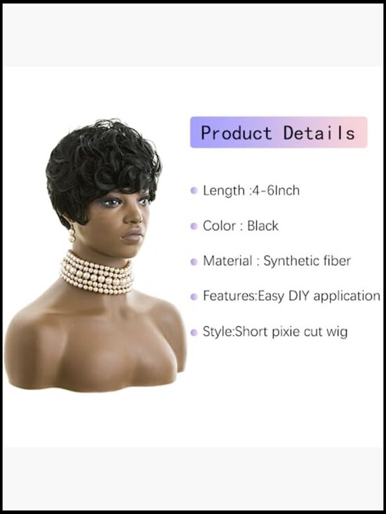Pixie Cut Wig Short Curly Wavy Synthetic Hair with Bangs Glueless 130% Density main image 6